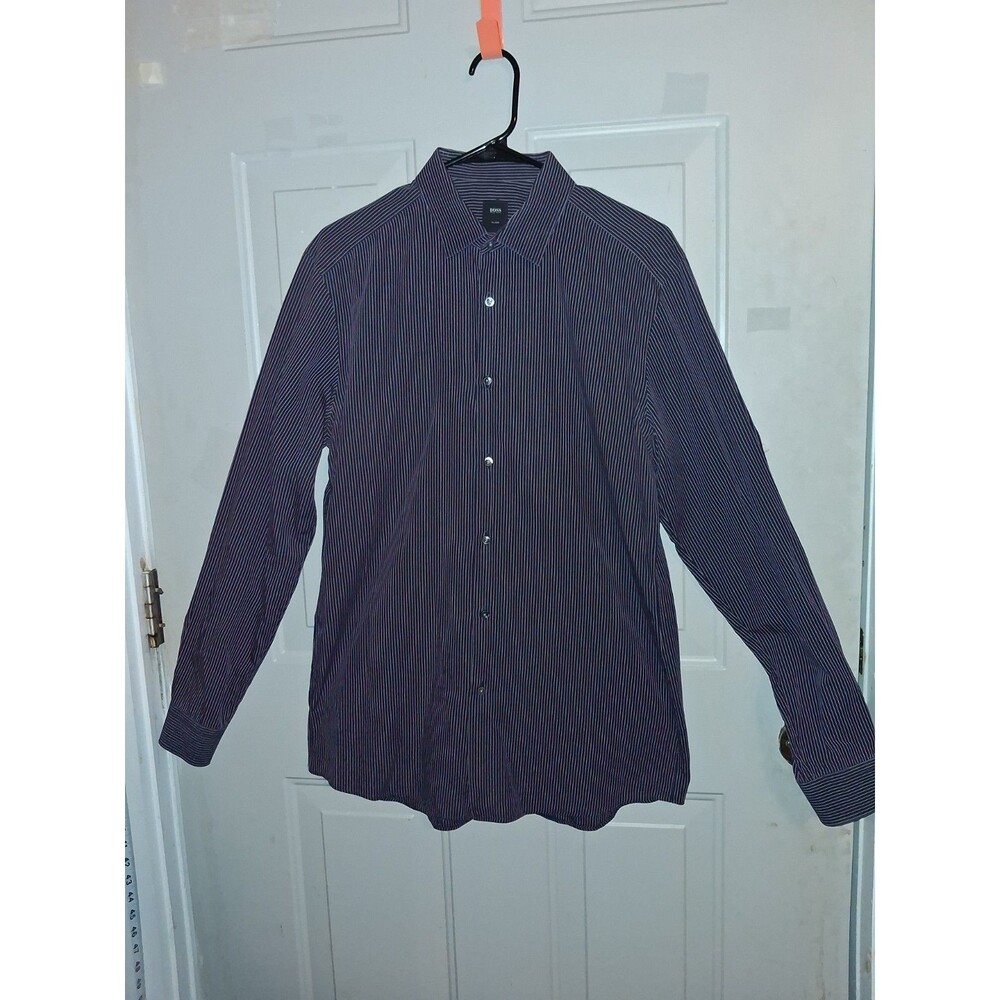 Hugo Boss Men's Slim Fit Striped Long Sleeve Shirt – Navy Blue (Size 16.5 / 42)